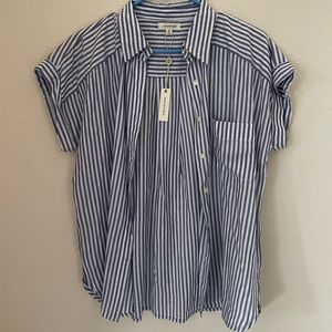 Max Studio: Blue/White Striped Button Up Short Sleeve Top (Never Worn - Tags)